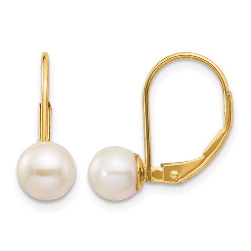 14K Yellow Gold 6-7mm White Round Freshwater Cultured Pearl Leverback Earrings