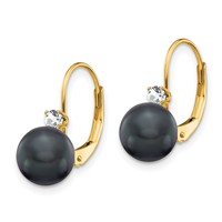 14K Yellow Gold 7-8mm Black Near-Round Freshwater Cultured Pearl and.17 Carat AA Diamond Leverback Earrings view 2