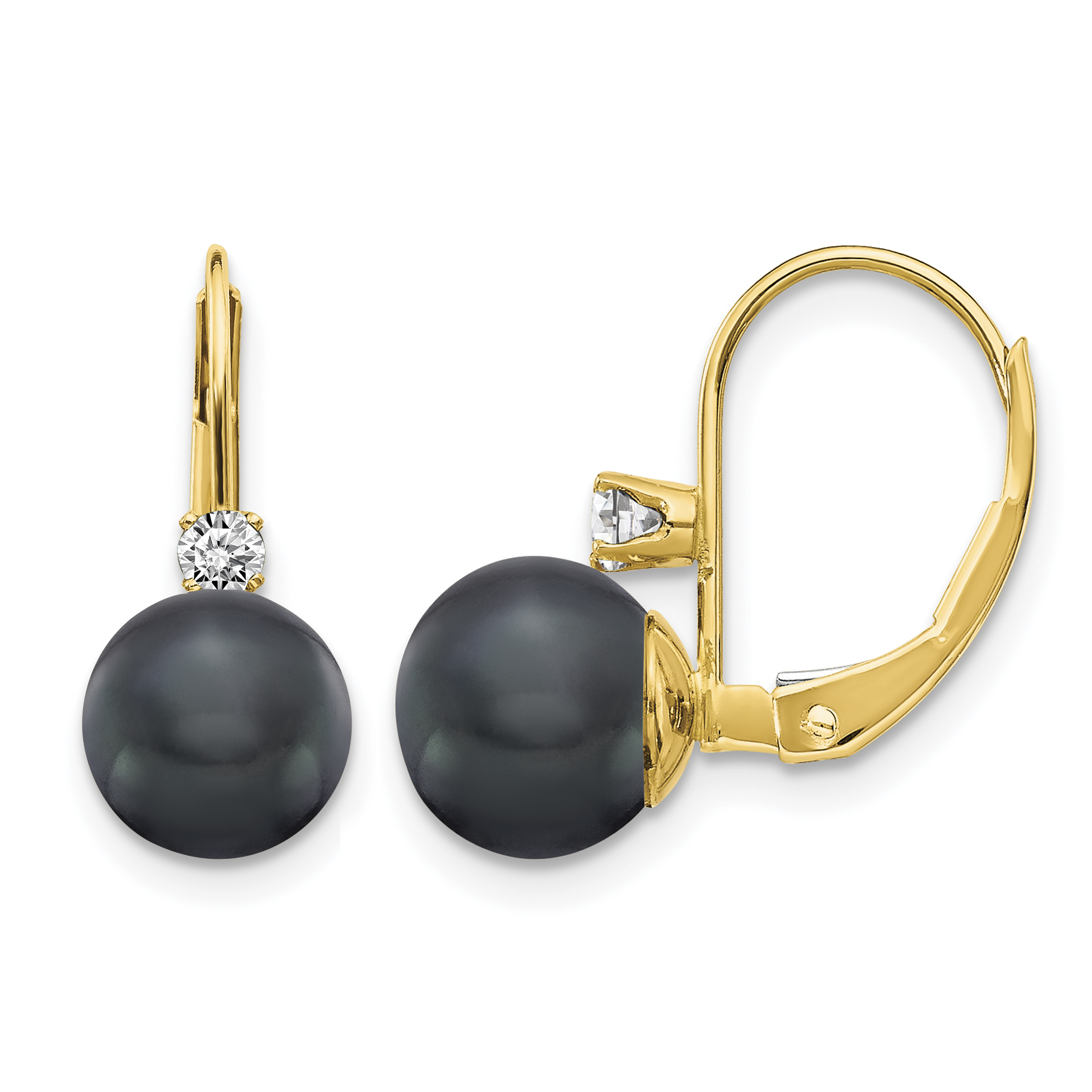 14k 7-8mm Black FW Cultured Pearl AA Diamond Leverback Earrings (XLB70BP/AA)