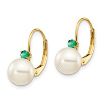 14K Yellow Gold 7-7.5mm White Round Freshwater Cultured Pearl and.18EM Emerald Leverback Earrings view 2