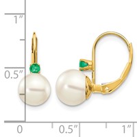 14K Yellow Gold 7-7.5mm White Round Freshwater Cultured Pearl and.18EM Emerald Leverback Earrings view 4