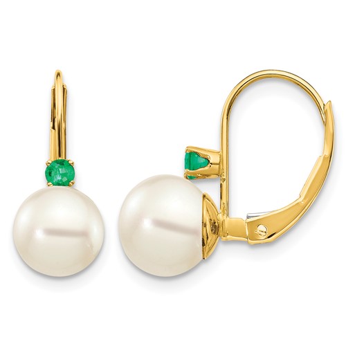 14K Yellow Gold 7-7.5mm White Round Freshwater Cultured Pearl and.18EM Emerald Leverback Earrings