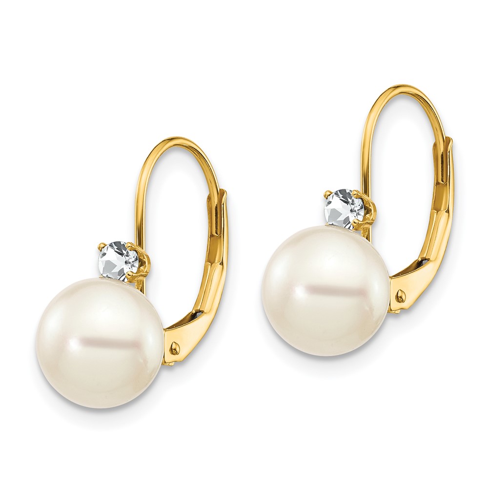 14k 7-8mm Whtie Round FW Cultured Pearl AA Diamond Leverback Earrings (XLB70PL/AA)