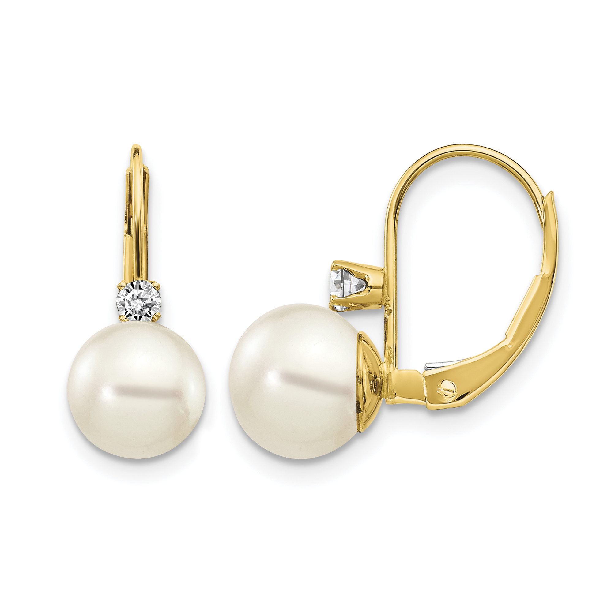 14k 7-8mm Whtie Round FW Cultured Pearl AA Diamond Leverback Earrings (XLB70PL/AA)