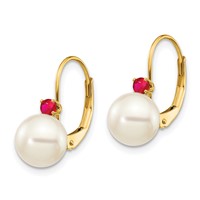 14K Yellow Gold 7-7.5mm White Round Freshwater Cultured Pearl and.24RU Ruby Leverback Earrings view 2