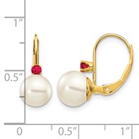 14K Yellow Gold 7-7.5mm White Round Freshwater Cultured Pearl and.24RU Ruby Leverback Earrings view 4