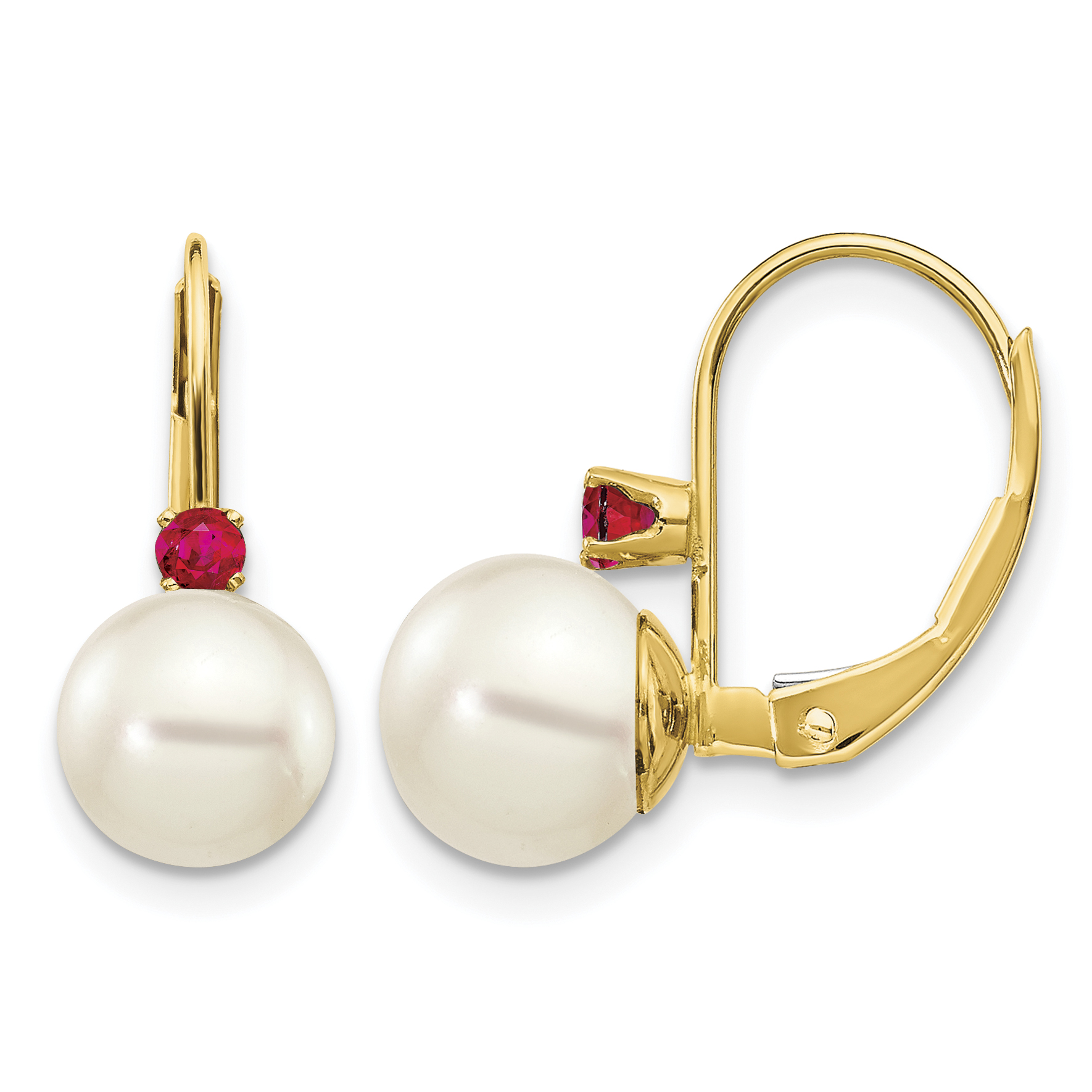 14k 7-7.5mm White Round FW Cultured Pearl Ruby Leverback Earrings (XLB70R/PL)