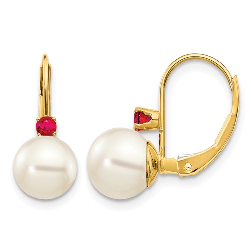 14K Yellow Gold 7-7.5mm White Round Freshwater Cultured Pearl and.24RU Ruby Leverback Earrings