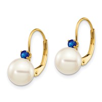 14K Yellow Gold 7-7.5mm White Round Freshwater Cultured Pearl and.26SA Sapphire Leverback Earrings view 2
