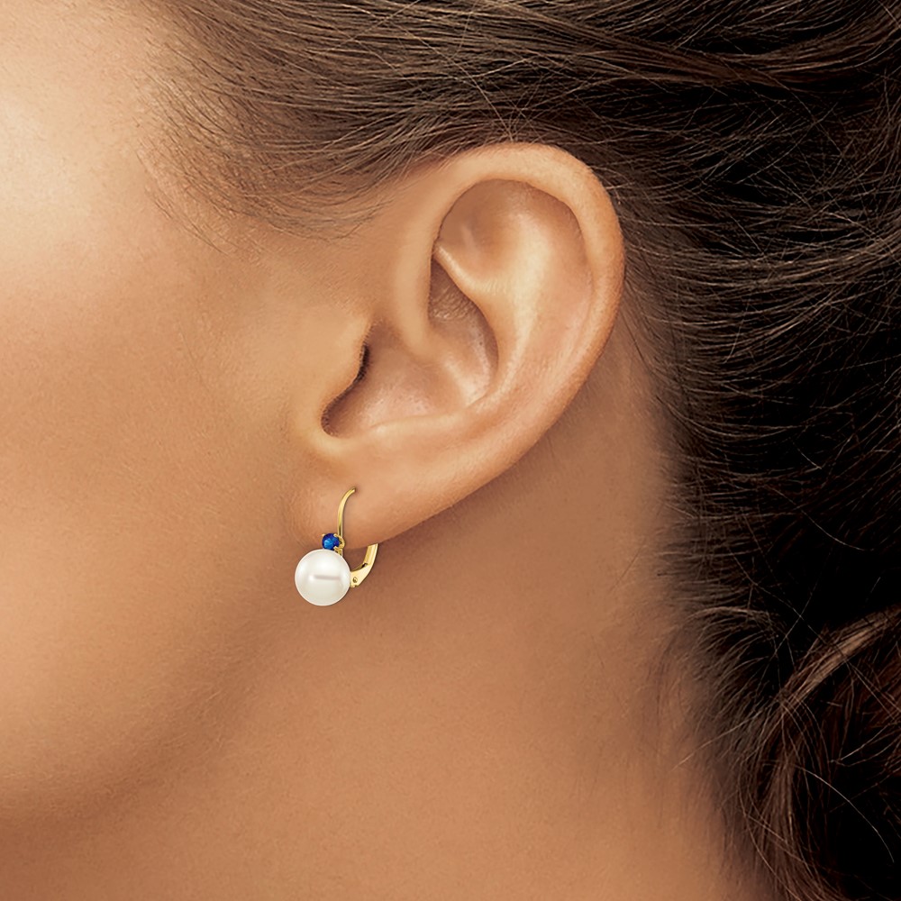 14k 7-7.5mm White Round FW Cultured Pearl Sapphire Leverback Earrings (XLB70S/PL)