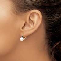 14K Yellow Gold 7-7.5mm White Round Freshwater Cultured Pearl and.26SA Sapphire Leverback Earrings view 3
