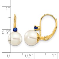 14K Yellow Gold 7-7.5mm White Round Freshwater Cultured Pearl and.26SA Sapphire Leverback Earrings view 4