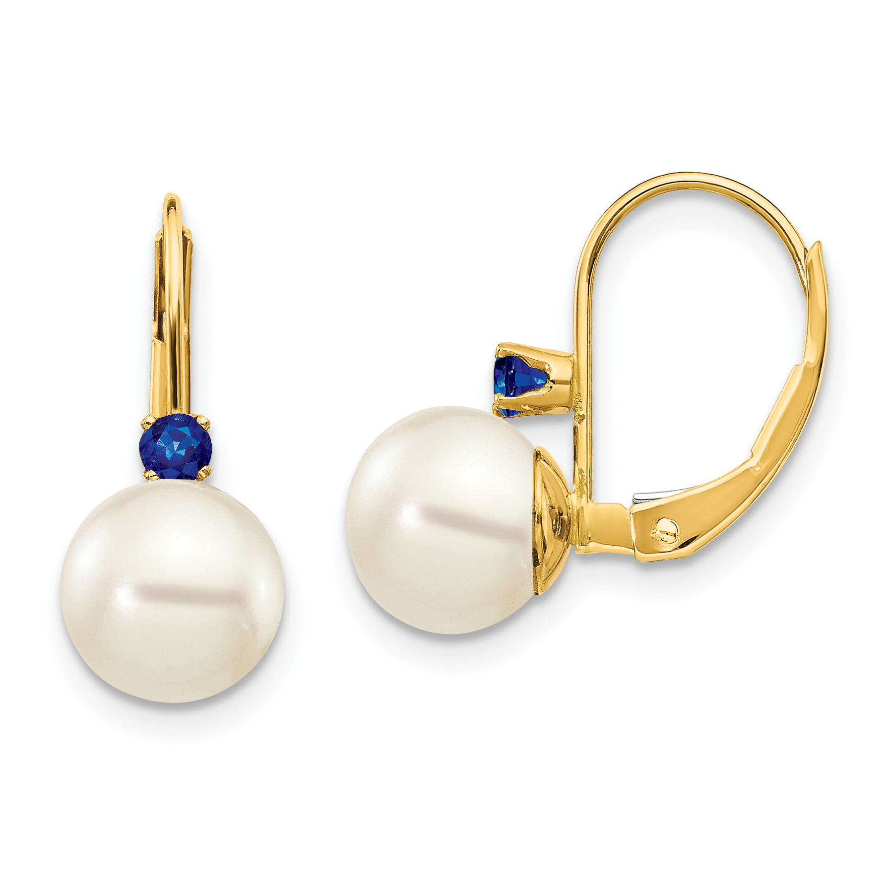 14k 7-7.5mm White Round FW Cultured Pearl Sapphire Leverback Earrings (XLB70S/PL)