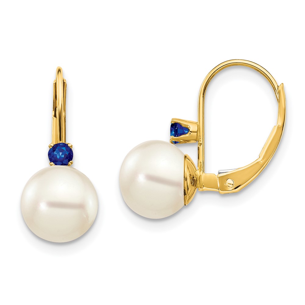 14k 7-7.5mm White Round FW Cultured Pearl Sapphire Leverback Earrings (XLB70S/PL)