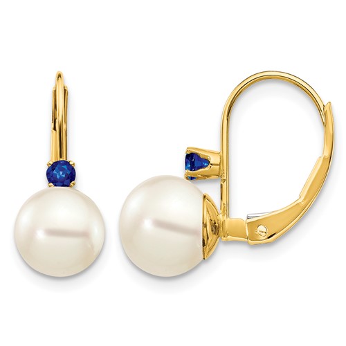 14K Yellow Gold 7-7.5mm White Round Freshwater Cultured Pearl and.26SA Sapphire Leverback Earrings