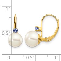 14K Yellow Gold 7-7.5mm White Round Freshwater Cultured Pearl and.18TZ Tanzanite Leverback Earrings view 2
