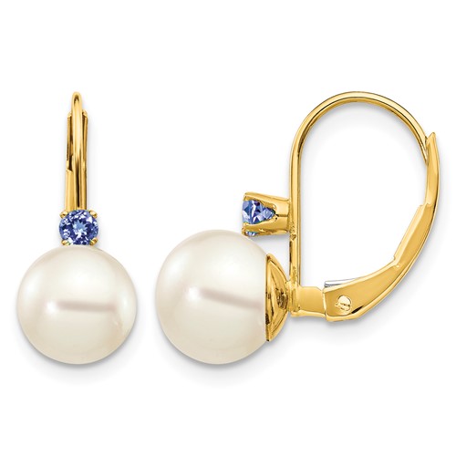 14K Yellow Gold 7-7.5mm White Round Freshwater Cultured Pearl and.18TZ Tanzanite Leverback Earrings