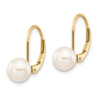 14K Yellow Gold 7-8mm White Round Freshwater Cultured Pearl Leverback Earrings view 2