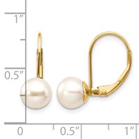 14K Yellow Gold 7-8mm White Round Freshwater Cultured Pearl Leverback Earrings view 4