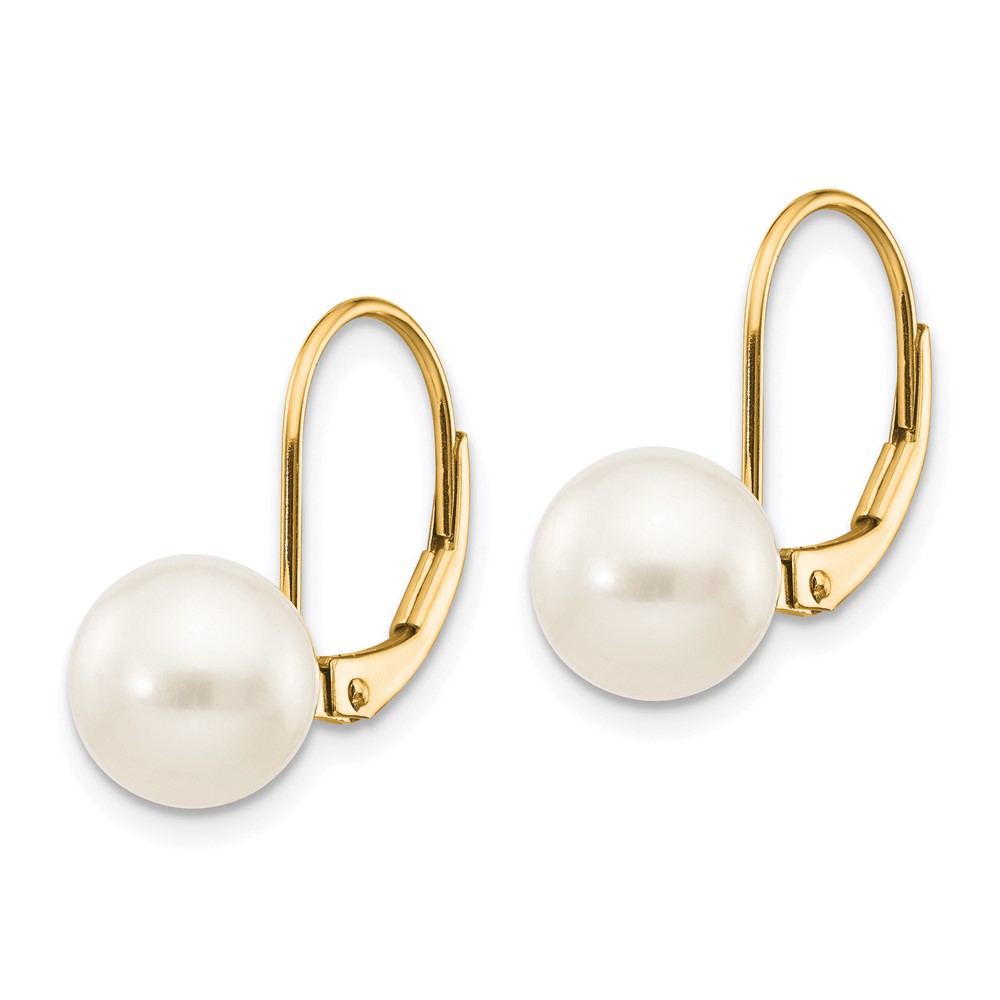 14k 8-9mm White Round Freshwater Cultured Pearl Leverback Earrings (XLB85PL)