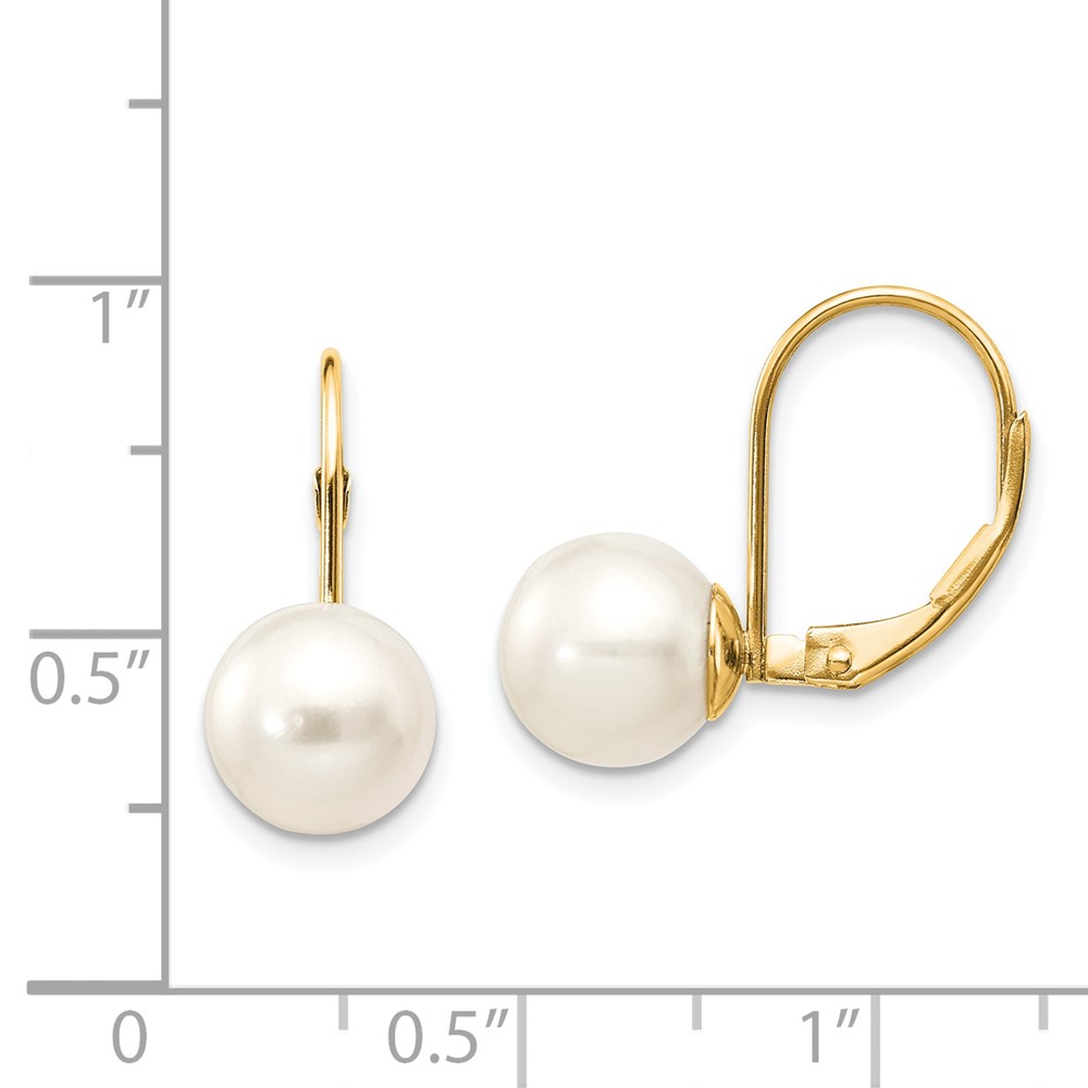 14k 8-9mm White Round Freshwater Cultured Pearl Leverback Earrings (XLB85PL)