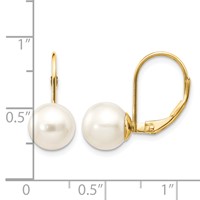 14K Yellow Gold 8-9mm White Round Freshwater Cultured Pearl Leverback Earrings view 4