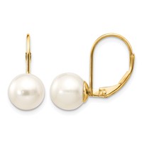 14K Yellow Gold 8-9mm White Round Freshwater Cultured Pearl Leverback Earrings view 1