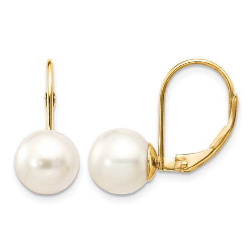 14K Yellow Gold 8-9mm White Round Freshwater Cultured Pearl Leverback Earrings