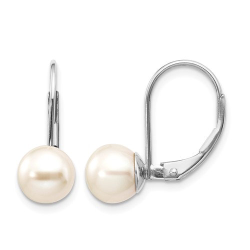 14K White Gold 7-8mm Round Freshwater Cultured Pearl Leverback Earrings