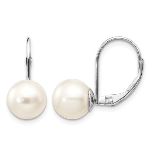 14K White Gold 8-9mm Round Freshwater Cultured Pearl Leverback Earrings