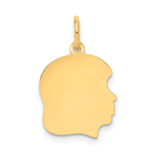 14K Yellow Gold Plain Medium.009 Gauge Facing Right Engravable Girl Head Charm