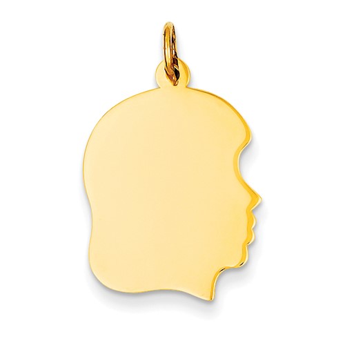 14K Yellow Gold Plain Medium.035 Gauge Facing Right Engravable Girl Head Charm