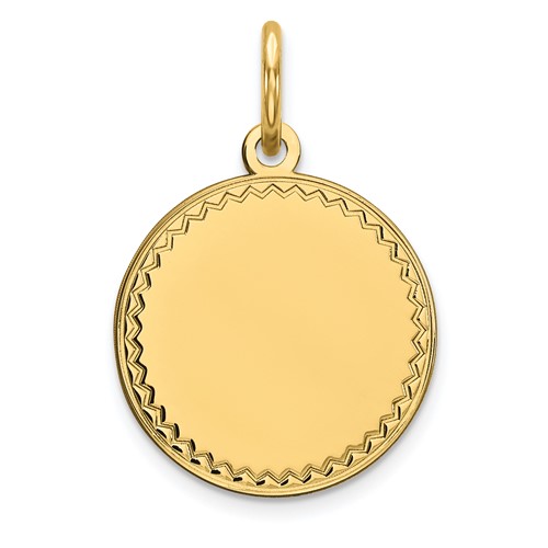 14K Yellow Gold Plain Charm with Zig-Zag Edge .027 Gauge Engravable Round 13mm Disc