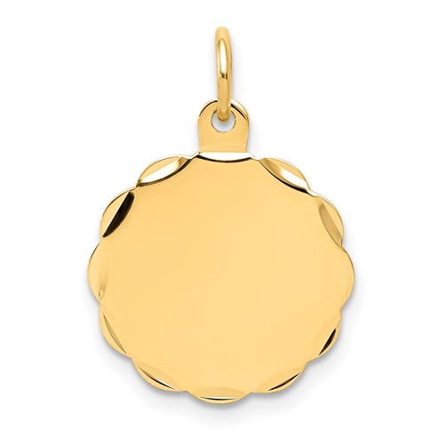 14K Yellow Gold Etched Edge.035 Gauge Engravable Round Scalloped 18x 15mm Disc Charm