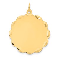14K Yellow Gold Etched Edge .018 Gauge Engravable Round Scalloped 28x25mm Disc Charm view 1