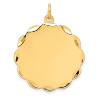 14K Yellow Gold Etched Edge.018 Gauge Engravable Round Scalloped 28x 26mm Disc Charm view 1