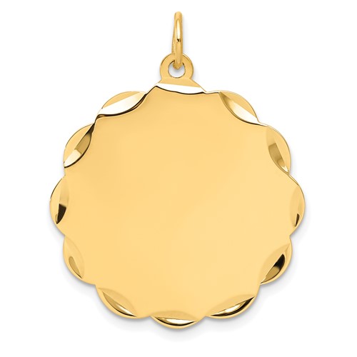 14K Yellow Gold Etched Edge.018 Gauge Engravable Round Scalloped 28x 26mm Disc Charm