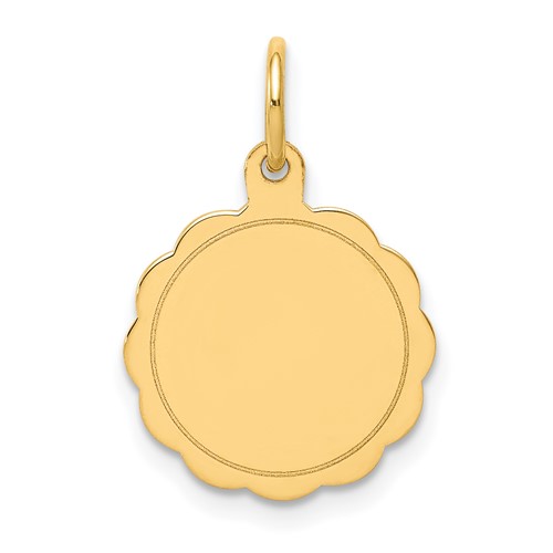 14K Yellow Gold.013 Gauge Engravable Round Scalloped 16x 13mm Disc Charm