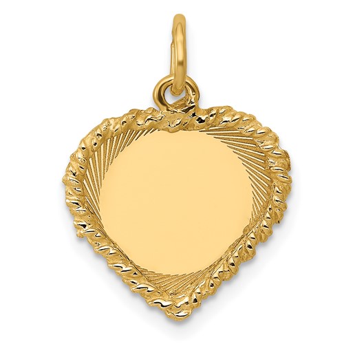 14K Yellow Gold Etched Design Charm with Rope Edge.013 Gauge Engravable Heart 17x 19mm Disc
