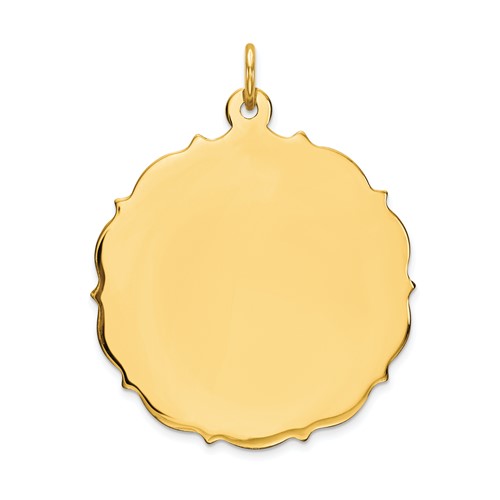14K Yellow Gold Plain Charm with Fancy Edge.018 Gauge Engravable Round 29x 26mm Disc