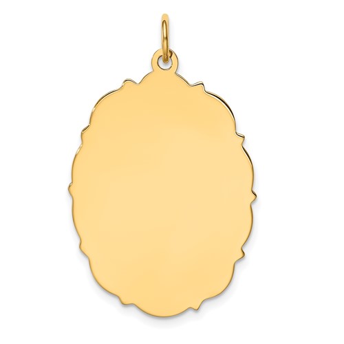 14K Yellow Gold Plain Charm with Fancy Edge.018 Gauge Engravable Oval 33x 23mm Disc