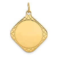 14K Yellow Gold Patterned .018 Gauge Diamond-Shaped Engravable 24x21mm Disc Charm view 1