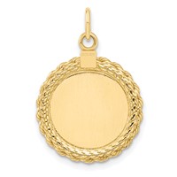 14K Yellow Gold Plain.013 Gauge Round Engravable 22x 17mm Disc Charm with Rope Edge view 3