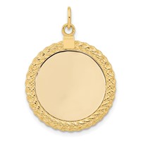 14K Yellow Gold Plain.013 Gauge Round Engravable 27x 21mm Disc Charm with Rope Edge view 3