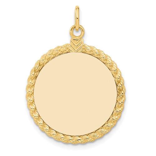 14K Yellow Gold Plain.013 Gauge Round Engravable 27x 21mm Disc Charm with Rope Edge