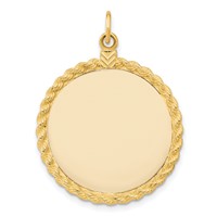 14K Yellow Gold Plain.013 Gauge Round Engravable 31x 26mm Disc Charm with Rope Edge view 1