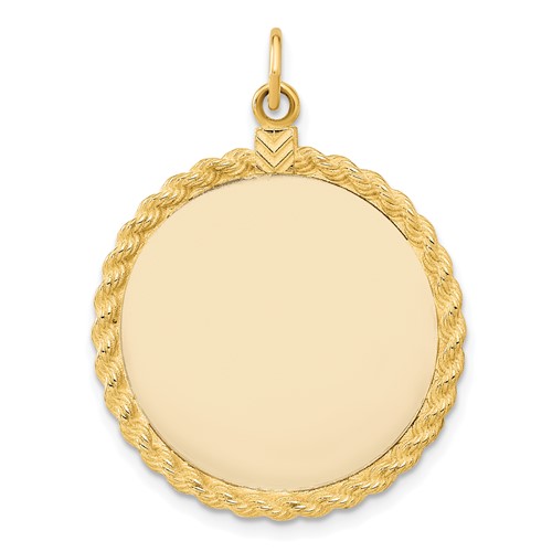 14K Yellow Gold Plain.013 Gauge Round Engravable 31x 26mm Disc Charm with Rope Edge