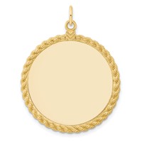 14K Yellow Gold Plain.013 Gauge Round Engravable 34x 28mm Disc Charm with Rope Edge view 1