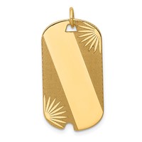 14K Yellow Gold Patterned Sunburst Charm with Diagonal Stripe.013 Gauge Engravable 28x 15mm Dog Tag Disc view 1