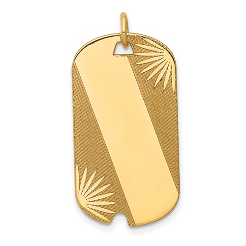 14K Yellow Gold Patterned Sunburst Charm with Diagonal Stripe.013 Gauge Engravable 28x 15mm Dog Tag Disc
